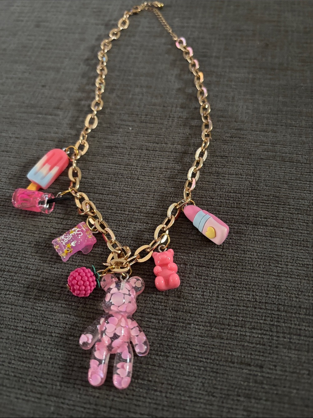 Gold Chain Kids Necklace with Pink Gummy Bear & Teddy Charms